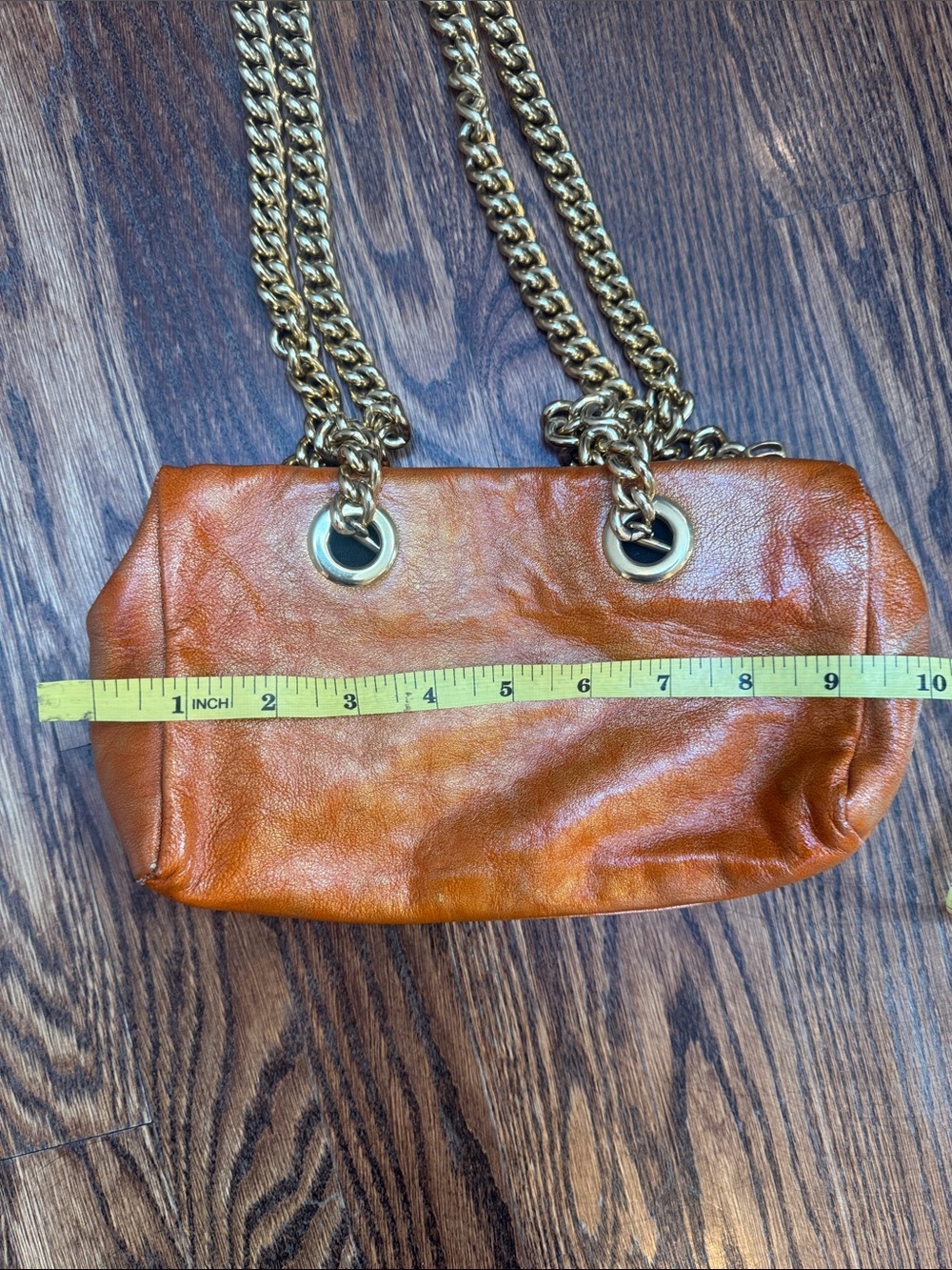 Henri Bendel Distressed Orange Leather Shoulder Bag with Gold Chain Straps - Picture 8 of 12